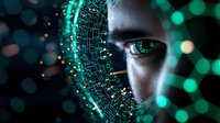 Futuristic close-up of Asian woman's face partially covered by glowing turquoise digital pattern overlay with bokeh lights, representing artificial intelligence and technology.