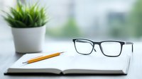 Open notebook with black-framed eyeglasses and yellow pencil on white desk, small green plant in ceramic pot against bright window background. Clean workspace setup.
