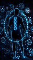 Glowing human silhouette with DNA helix and medical icons on dark background, representing genetic research and healthcare technology advancement.