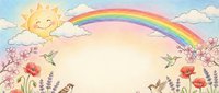 Cheerful sun with rainbow arcing over spring meadow filled with blooming flowers, hummingbirds and butterflies in pastel watercolor style for children's decor.