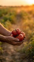 Farmer's weathered hands holding fresh ripe heirloom tomatoes at sunset over a golden field, showcasing organic harvest and farm-to-table concept.