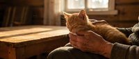 Ginger tabby cat resting on person's hands indoors, warm sunlit wooden interior setting, pet companionship and comfort moment.