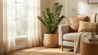 Cozy living room corner with ZZ plant in wicker basket, beige armchair with textured pillows and throw blanket, natural sunlight streaming through window.