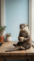 Adorable otter sitting at wooden table holding coffee cup in cozy home interior with plants and soft natural lighting for lifestyle content.