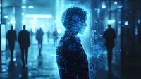 Glowing blue silhouette of person standing in dark urban environment with walking figures in background, representing digital identity and modern technology concept.