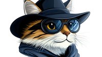 Stylish calico cat wearing blue sunglasses, black fedora hat and scarf in cartoon style on white background, isolated design element for merchandise and prints.