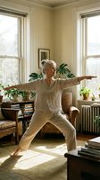 Senior Caucasian woman practicing yoga warrior pose in sunlit living room with houseplants and vintage furniture for healthy aging and wellness lifestyle.