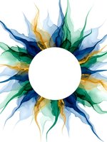 Abstract watercolor burst with flowing blue green yellow flames radiating from white circle center on transparent background for modern design projects.