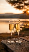 Two champagne flutes on a rustic wooden table at golden sunset by a lake, sparkling wine glowing warmly, evoking romance and celebration.