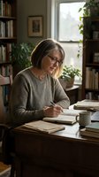 Middle-aged Caucasian woman with glasses writing in notebook at wooden desk surrounded by books and plants in cozy home library study room.