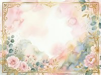 Watercolor floral frame with pink roses, eucalyptus leaves, and ornate gold borders on soft pastel background. Isolated design element for invitations, cards, and wedding stationery projects.