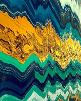 Vibrant abstract liquid art with flowing waves in teal, yellow, and green creating dynamic layered patterns. Suitable for modern design projects.