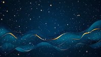 Mystical dark blue night sky with golden flowing lines and glowing stars creates dreamy cosmic atmosphere. Abstract celestial background for design projects.