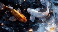 Mystical koi fish swimming in dark water with white lotus flowers and glowing particles, orange and white carp creating harmony in moonlit pond.