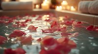 Romantic bath with floating rose petals in candlelight creating serene spa atmosphere. Water ripples reflect warm glow for wellness and relaxation setting.