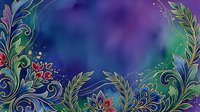 Ornamental floral frame with decorative leaves and blooms on vibrant purple and blue watercolor background, isolated on transparent background, suitable for invitations, greeting cards, and design projects.