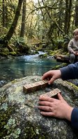Hands arranging wooden letter blocks spelling GROW beside peaceful forest stream with person meditating in natural woodland setting for mindfulness concepts.