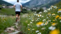 Caucasian male runner on mountain trail through wildflower meadow with daisies and dandelions. Blurred figure in athletic wear moving along natural path in summer landscape.