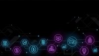 Digital technology network with glowing icons and connecting lines on dark background for business presentations and tech concepts.