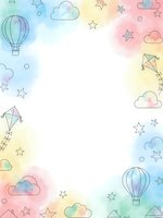 Pastel rainbow watercolor frame with hot air balloons, kites, clouds and stars on white background for children design projects and nursery decor.