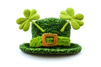 Crocheted green leprechaun hat with shamrock decorations and golden buckle on white background, handmade St Patrick's Day festive accessory isolated for design use.