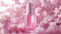 Elegant pink perfume bottle against blooming cherry blossoms background, soft dreamy atmosphere for luxury cosmetic and fragrance advertising.