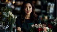 Young Asian female florist arranging colorful flower bouquet in modern flower shop. Professional woman working with fresh blooms in botanical retail business.