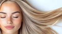 Young blonde woman with flowing hair and closed eyes showcasing natural beauty and healthy hair care routine for wellness and cosmetic advertising.