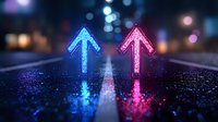 Glowing neon arrows in blue and pink colors on wet asphalt street with bokeh lights and reflections creating futuristic urban nightscape atmosphere.
