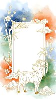 Asian watercolor frame with goat, bamboo and cherry blossoms in traditional oriental style. Decorative border template for lunar new year greeting cards.