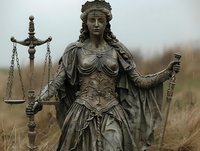 Ancient stone statue of Lady Justice holding traditional scales and sword, wearing ornate medieval dress with detailed corset. Perfect for legal, historical or architectural design.