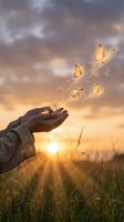 Hands releasing glowing butterflies at sunset in meadow symbolizing freedom, transformation, hope, spiritual growth, letting go, new beginnings concept.