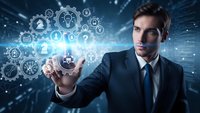 Professional businessman in suit touching digital technology interface with glowing gears and icons representing innovation and automation concepts.