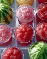 Fresh watermelon slushies in plastic cups viewed from above, with whole mini watermelons. Bright pink frozen drinks with frosty texture create refreshing summer beverage display.