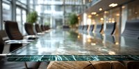 Elegant glass conference table in modern corporate office with empty chairs and natural lighting, creating professional atmosphere.
