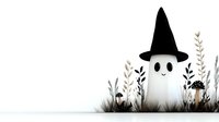 Cute ghost wearing witch hat among autumn grass, mushrooms and leaves on white background. Halloween character design for seasonal decoration.