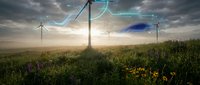 Wind turbines generating clean renewable energy in green field with digital network connections under dramatic cloudy sky at sunset for sustainable power.