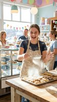 Happy young Caucasian female baker dusting flour on fresh pastries in colorful bakery kitchen with customers and display cases creating joyful atmosphere.