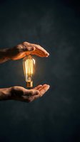 Male hands of dark skin tone holding glowing vintage filament bulb against dark textured background, symbolizing innovation, ideas, and energy solutions for business and sustainability concepts.