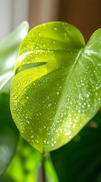 Fresh monstera leaf with morning dew drops glistening in sunlight, creating natural bokeh effect on vibrant green tropical foliage. Macro nature photography.