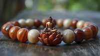 Wooden beaded bracelet with Buddha figure and lotus flower charm on rustic background, spiritual jewelry for meditation and mindfulness practice.