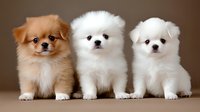 Three adorable Pomeranian puppies, one red-brown and two white, sitting in a row against brown background, looking at camera with fluffy coats and sweet expressions.