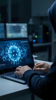 Scientist analyzing virus structure on laptop computer in modern laboratory with digital microscopy data and molecular research technology for medical study.