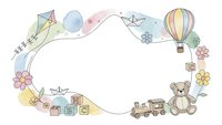 Watercolor baby frame with toys, kite, hot air balloon, paper boats, teddy bear and flowers on white background. Nursery border for invitations and cards.