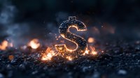 Glowing dollar sign emerging from dark ground with sparks and embers, dramatic lighting creates mysterious financial concept against black background.