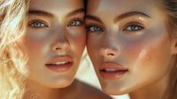 Young Caucasian women with natural glowing skin, freckles and bright blue eyes in warm sunlight. Close up portrait showing radiant complexion and golden hour lighting.
