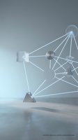 Connected geometric shapes with glowing light lines representing network, data flow, and systemic fragility in supply chain disruption and digital communication systems.
