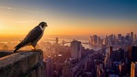 Peregrine falcon perched on urban rooftop overlooking sprawling cityscape at golden sunrise, symbolizing wildlife adaptation and urban coexistence for nature and environmental concepts.