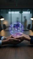 Two business professionals holding glowing digital sphere with circuit patterns in modern office conference room, representing innovation, technology solutions, and digital transformation for corporate presentations.