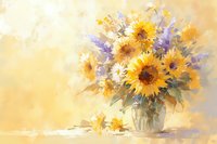 Vibrant watercolor painting of sunflowers and wildflowers in glass vase, soft yellow background creates warm summer atmosphere perfect for home decor, greeting cards and artistic projects.